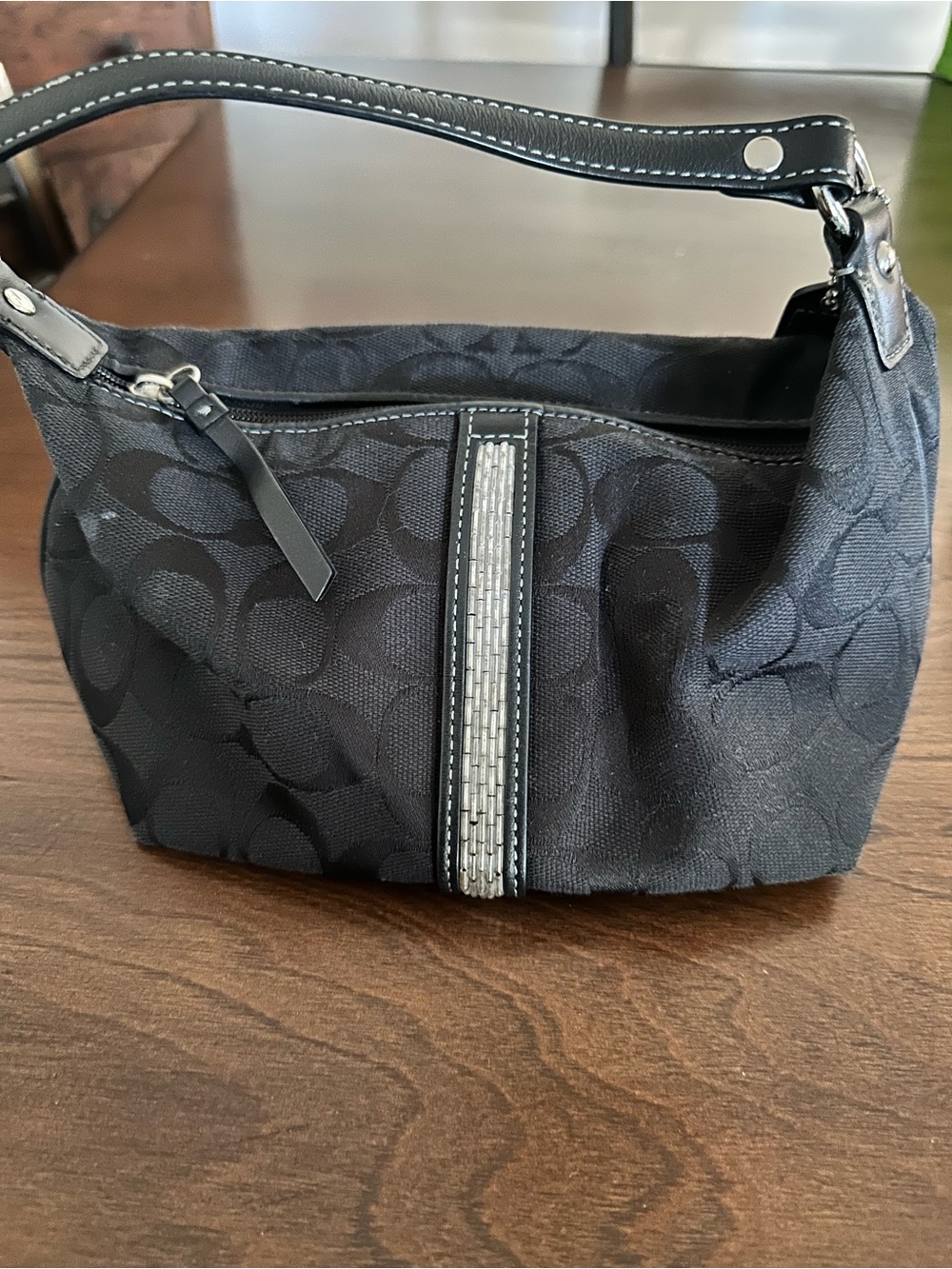 Coach Black Signature Canvas Wristlet Clutch with Silver Trim